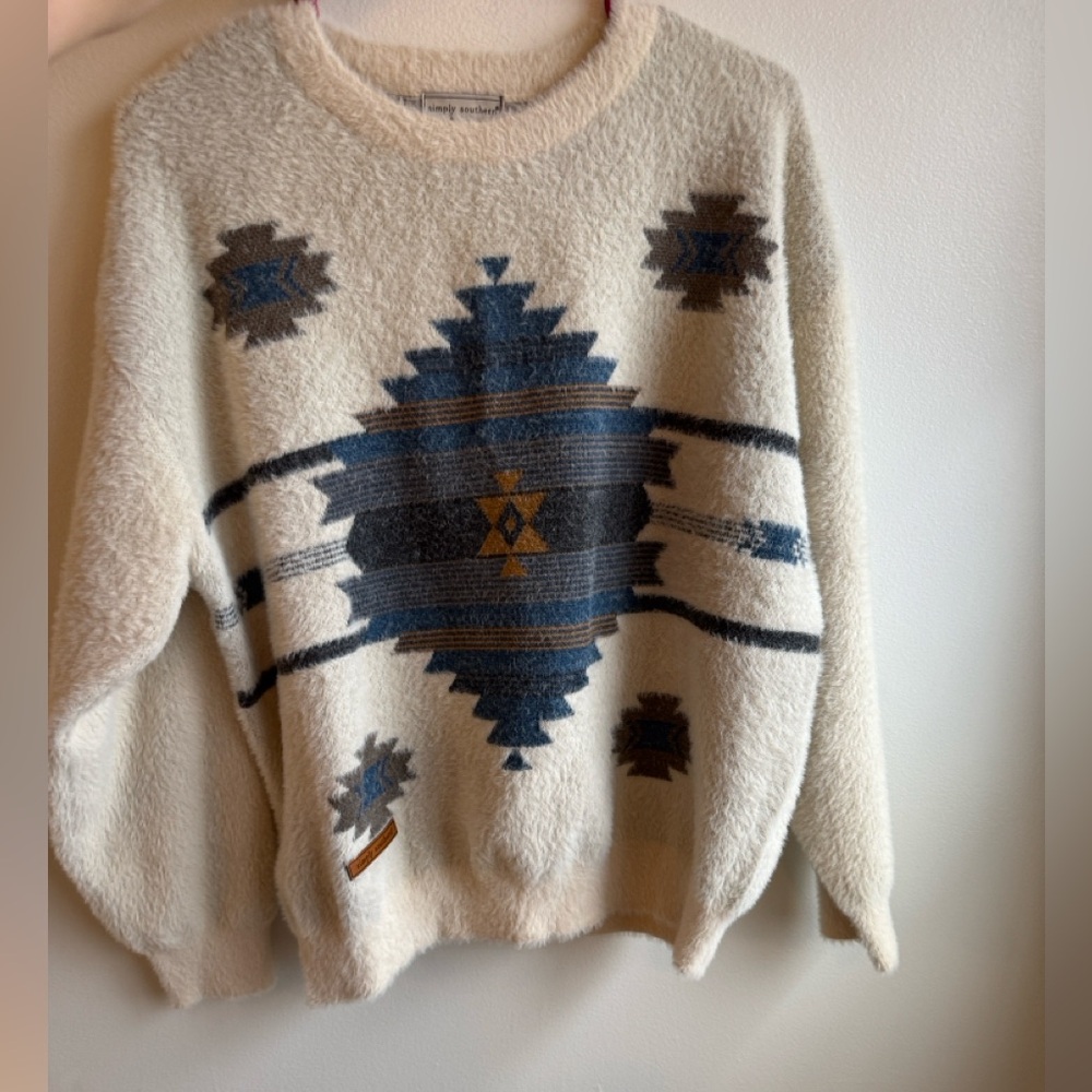 Simply Southern Cream and Blue Aztec print soft Sweater
